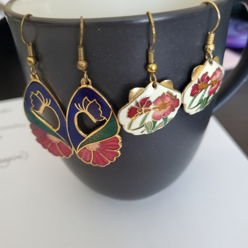 Two Pair Cloisonne Multicolor Earrings